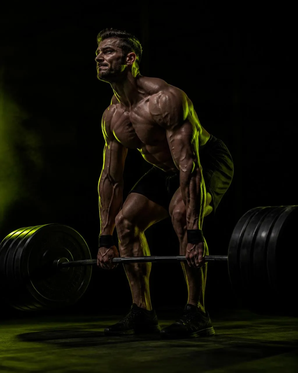 Athlete performing a barbell deadlift in a dark gym